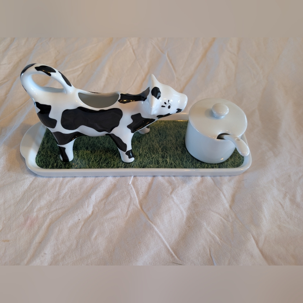 Vintage Black and White Cow Creamer with Sugar Bowl